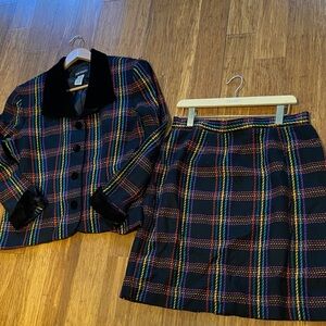 Vintage Plaid Jacket with Velvet Collar Set
